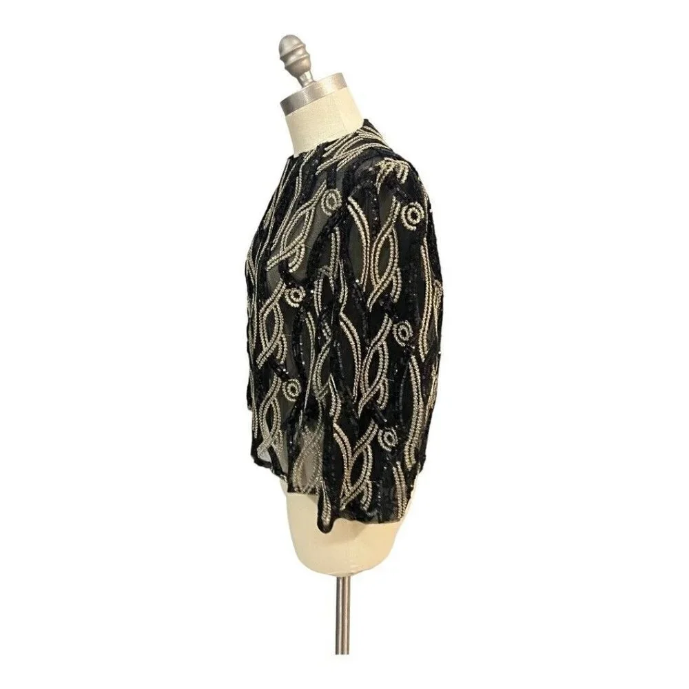 C&M Collection 48 Medium Black Gold Sequin Jacket Formal Holiday - Picture 4 of 8